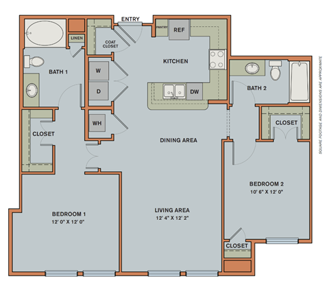 A floor plan of a house with two bedrooms, a living area, a dining area, a kitchen, two bathrooms, and closets.